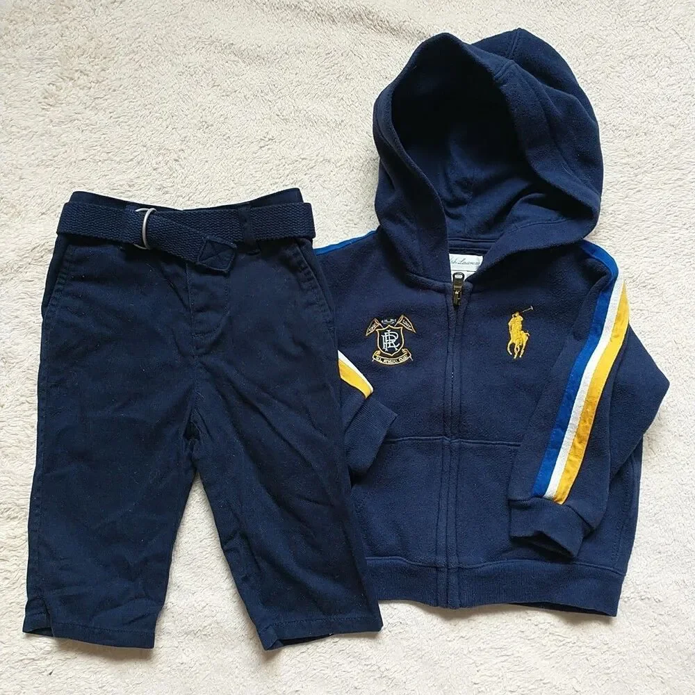 Ralph Lauren Sweatshirt Jacket Hoodie Pants Belt Boys 6M Blue Big Pony Zip Lot 3